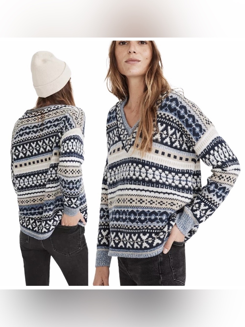 Madewell Forrest Fair Isle V-Neck Blue Cream Wool Blend Sweater Size Small